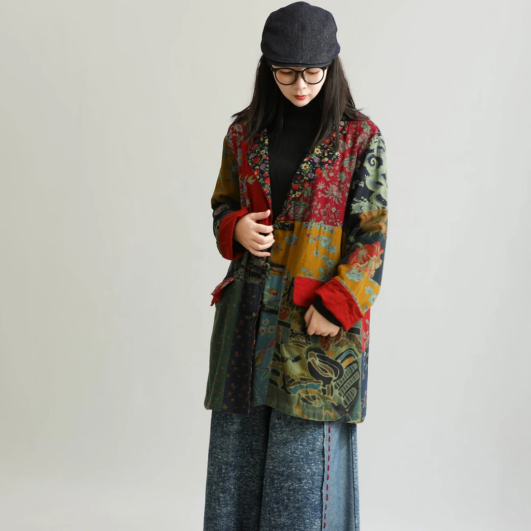 乱在江南棉麻随机拼接花色外套女装秋季新品宽松复古盘扣上衣
