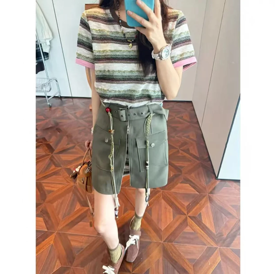 晶老板●条纹圆领短袖拼接连衣裙645