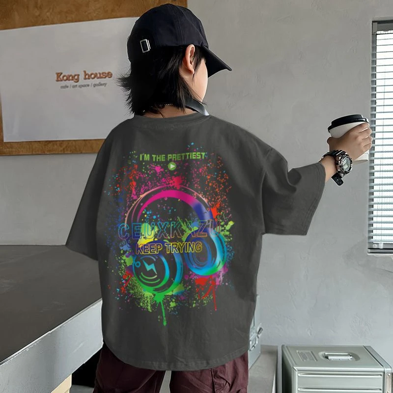 夏季新款童男短袖T恤动漫卡通印花纯棉休闲风格宽松圆领吸汗抗起