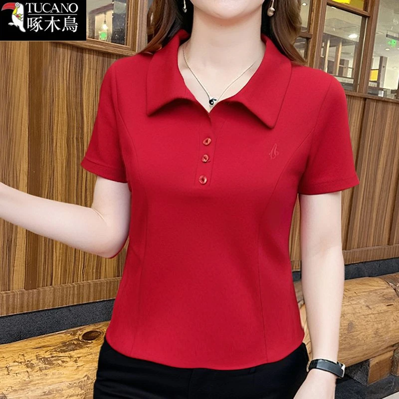 啄木鸟正品纽扣短袖翻领刺绣T恤2025年夏季新款女士大码显瘦上衣