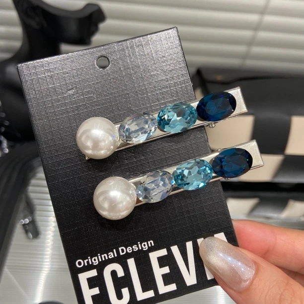 E4501两只装蓝钻碎发刘海发夹一字夹女侧边高级前额发卡鸭发