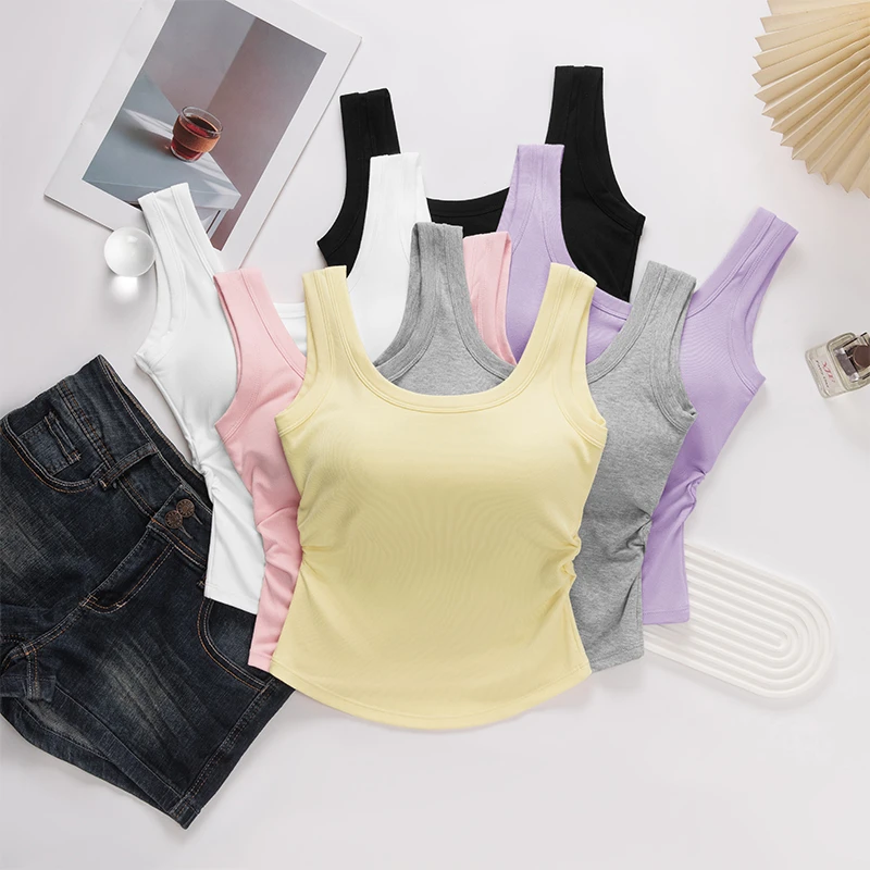 新款纯欲风褶皱背心女外穿内搭带胸垫夏季甜辣妹修身显瘦打底上衣