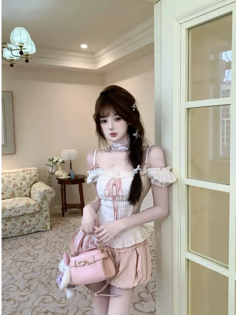 甜梦物语夏季修身显瘦性感千金纯欲风法式一字肩上衣收腰