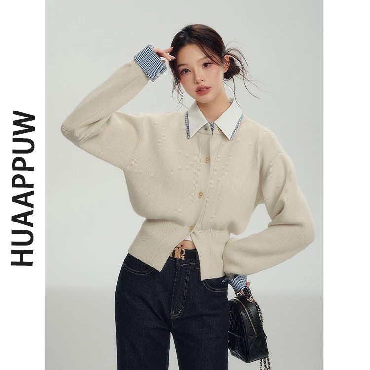 画朴法式通勤格子拼接假两件针织开衫女2025秋季新款长袖百搭毛衣