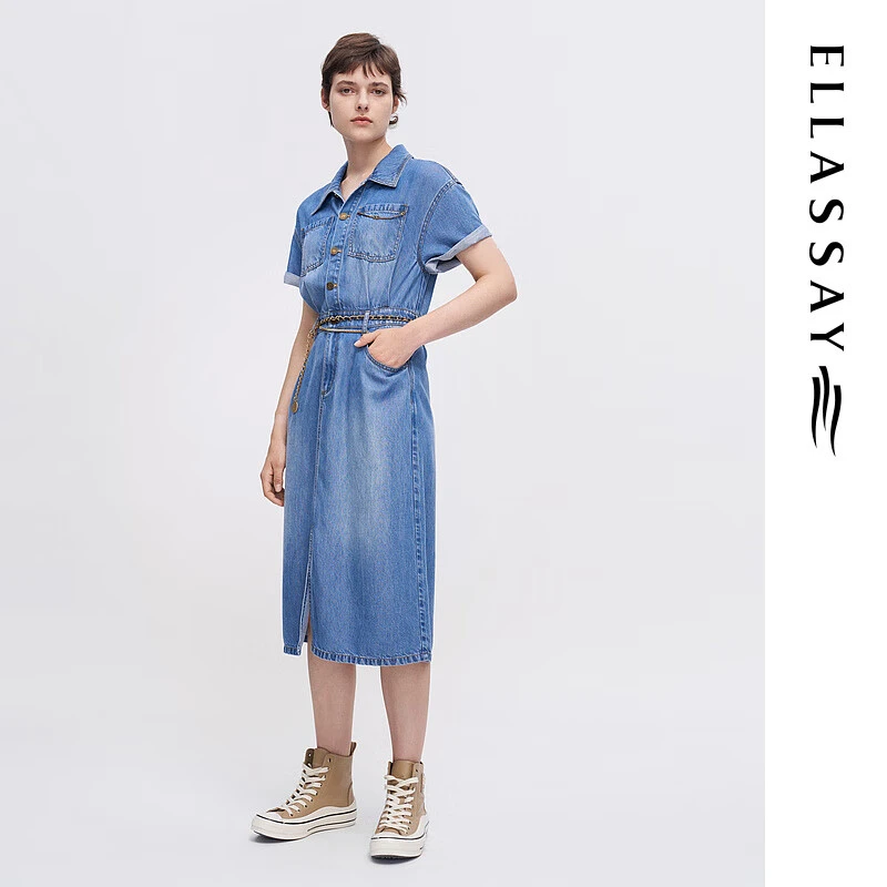 歌力思夏款气质莱赛尔牛仔气质柔软收腰连衣裙女EWW341N03300