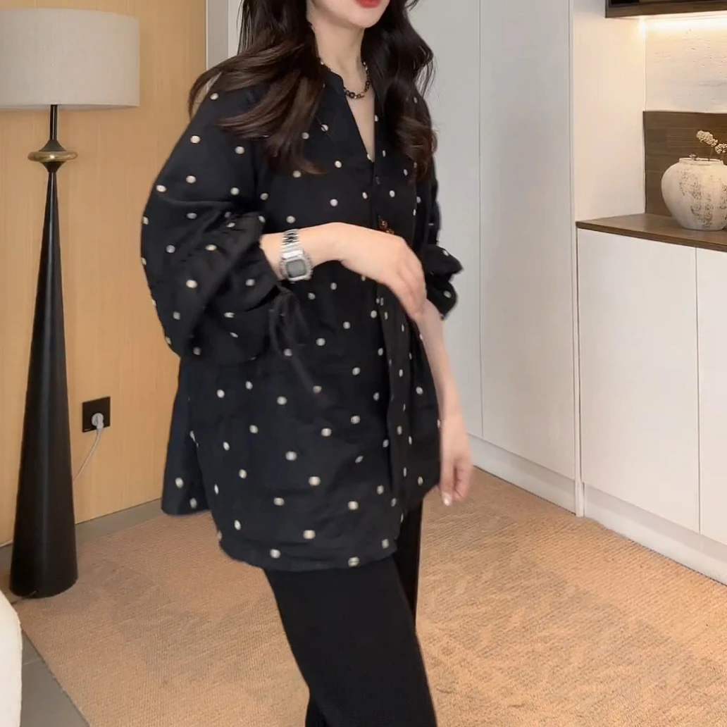 极简风度小众洋气灯笼袖时尚黑色波点长袖衬衫女上衣LK2502679