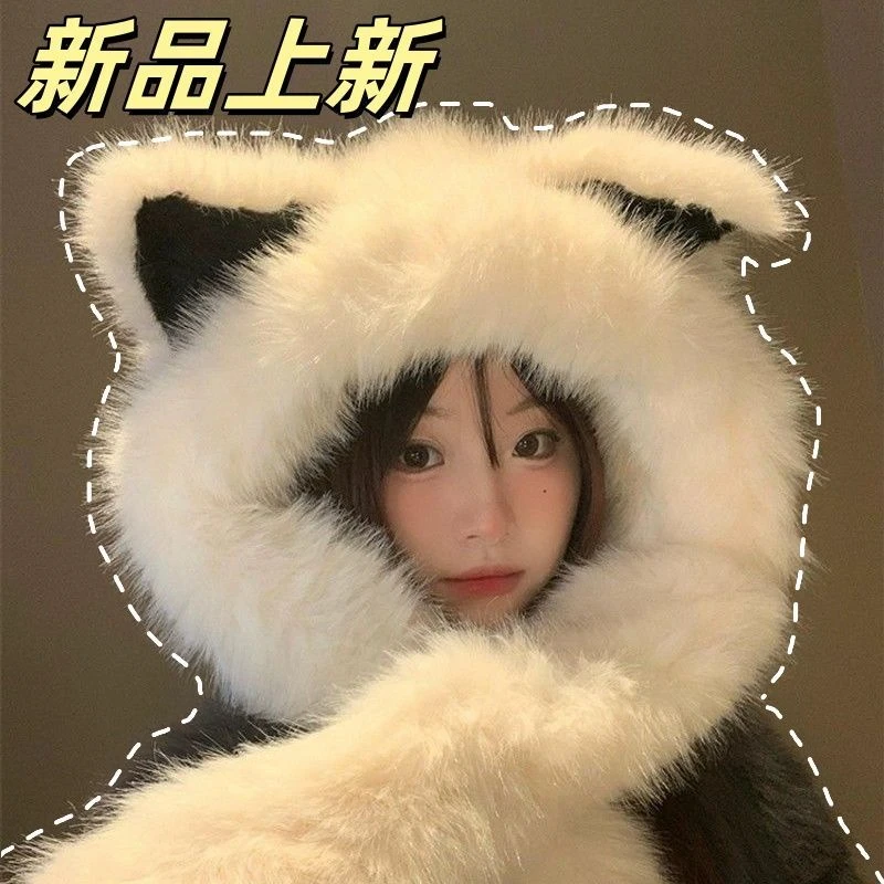 冬季加厚毛绒绒耳朵帽子围巾一体保暖防寒保暖护耳显脸小雷锋帽LW