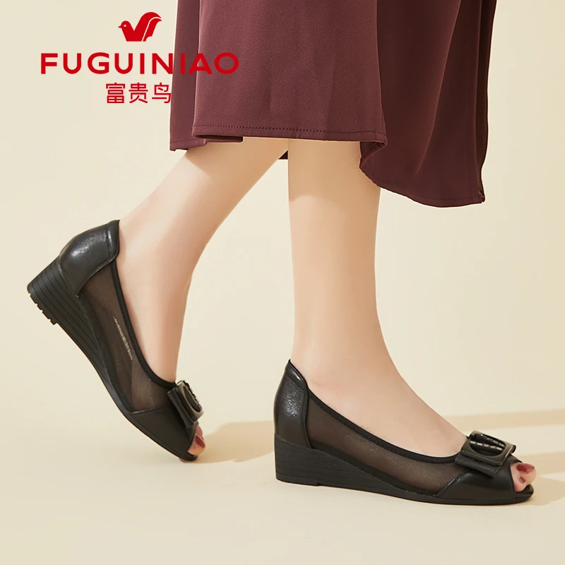 富贵鸟鱼嘴鞋女2025新款夏季外穿网面透气黑色凉鞋露趾松糕坡跟鞋