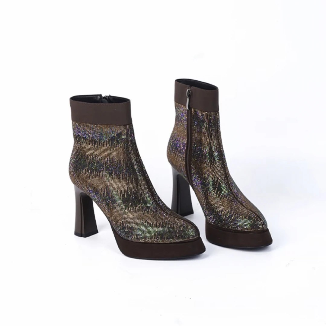 韩版简约水钻厚防水台粗跟高跟短靴尖头时装靴侧拉链厚底鞋短筒靴