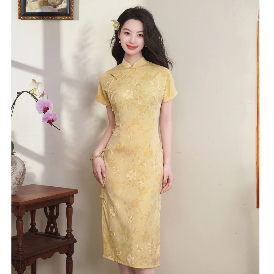 《月半弯》新中式黄色改良旗袍2025新款夏中长款送考高考小个子58