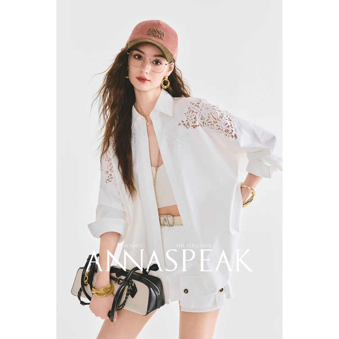 ANNASPEAK法式复古 有机长绒棉重工镂空刺绣蕾丝剪影长袖衬衫女