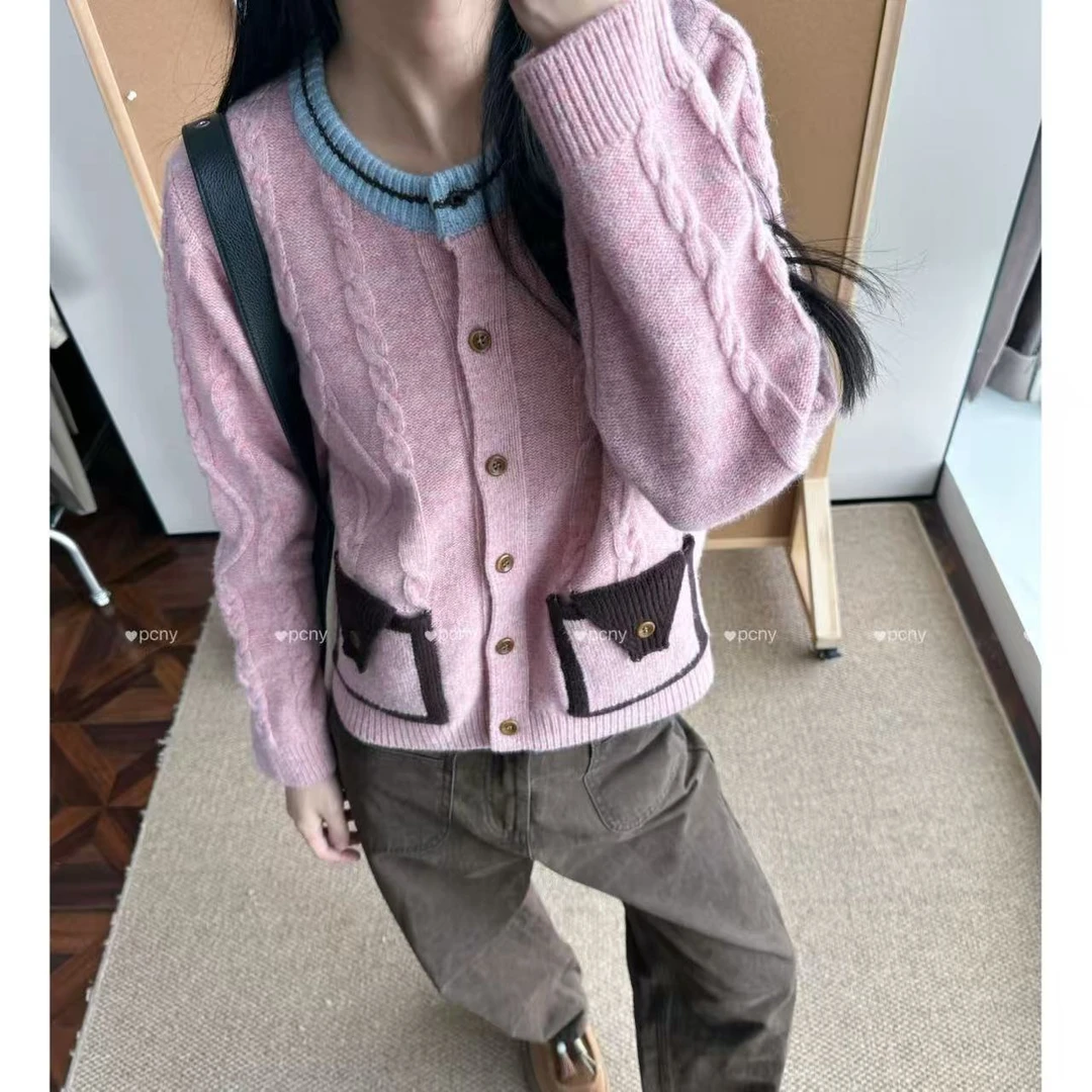 PCNY「甜美口袋」不理理冬季新款女装百搭休闲少女粉色针织开衫