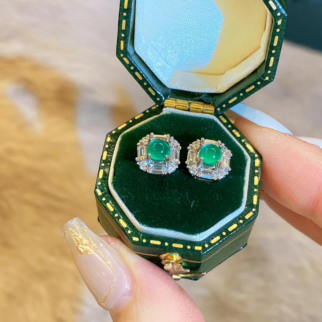 铜合金合成锆石耳饰  厚镀1ML辣绿方钻蛋面耳钉DOISGIA