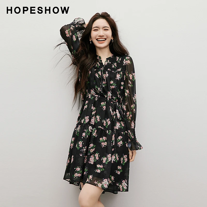 红袖春季2025新款女装 玫瑰印花打揽荷叶袖雪纺连衣裙90125011601