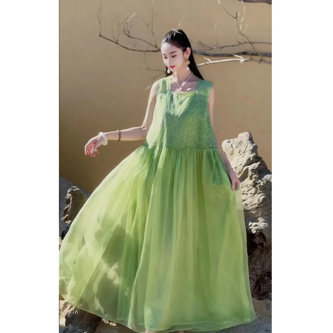 【映芳华】YAMO2025春夏新款植物染宽肩无袖背心桑蚕丝花萝大摆裙