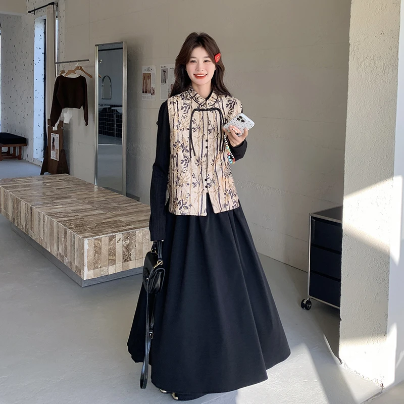 新中式国风盘扣马甲连衣裙套装女春2025新款高级感显瘦时尚两件套