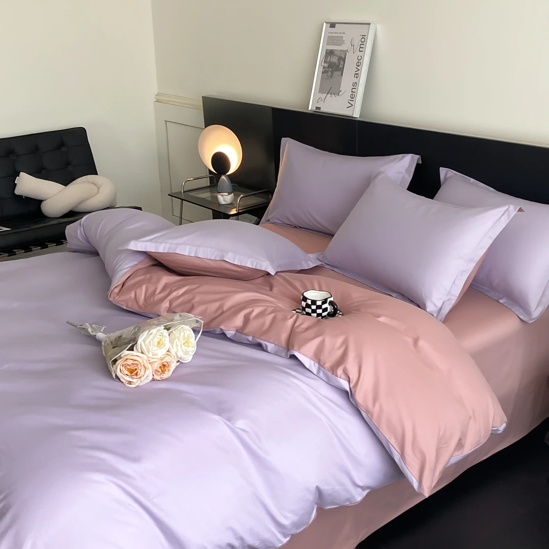 轻奢高级感纯色拼色100%长绒棉全棉四件套简约高档床单被套可机洗