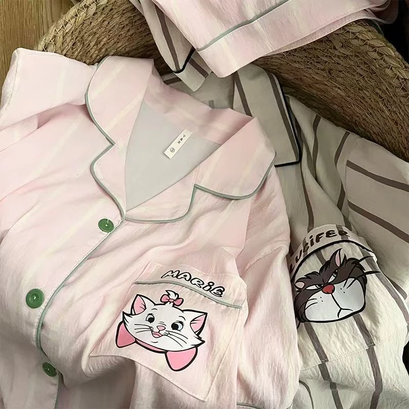 ins日系小猫情侣睡衣高级感夏季短袖三件套大码卡通男女款家居服