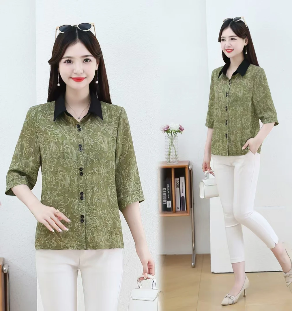 拼接领上衣中袖衬衫女装