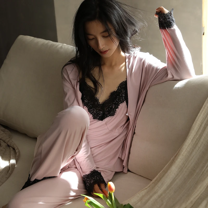 (带胸垫)三件套睡衣女春秋冬长袖长裤蕾丝性感纯欲显瘦法式家居服