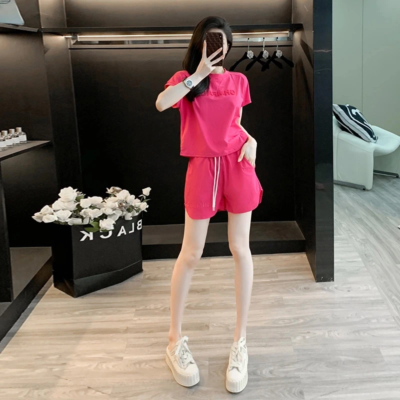 炸街玫红色休闲运动套装女夏韩版洋气减龄显瘦短袖T恤短裤两件套