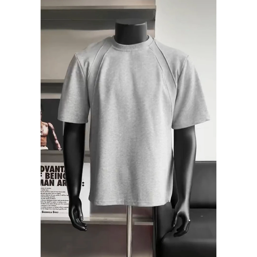 300g澳产氨纶太空棉空气层拼接短袖T恤男抗皱硬挺短款boxy版夏季