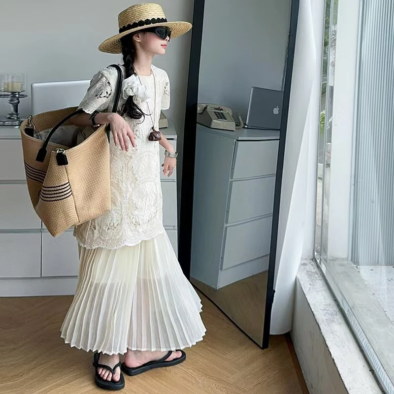 2025女法式温柔套装气质大童夏季圆领镂空显瘦短袖气质连衣裙