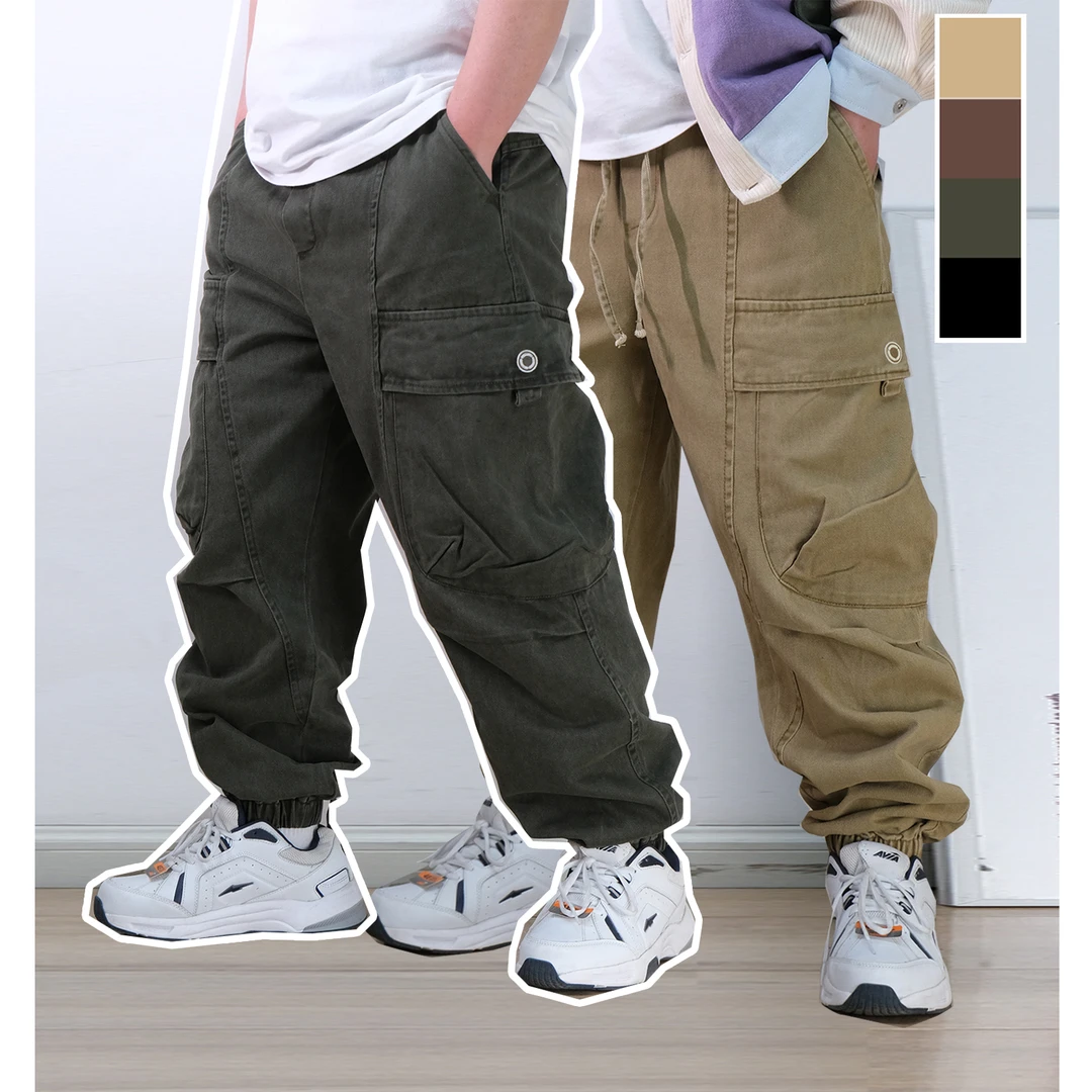 春秋长绒棉斜纹美式宽松休闲裤蜡染洗磨工大码束脚工装裤加肥长裤