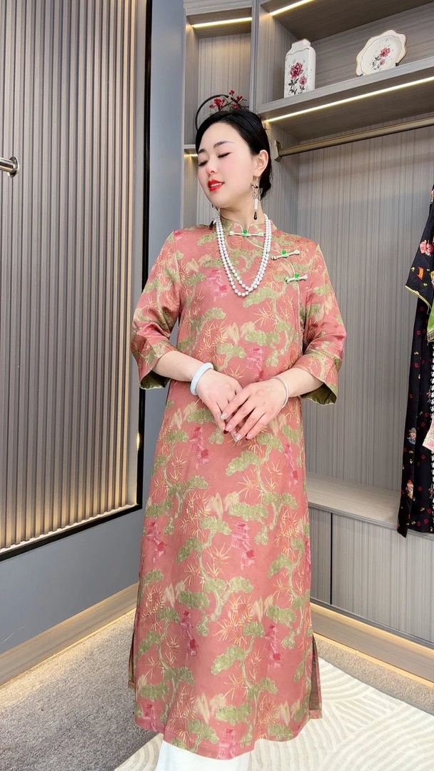 仙境YJ5218妈妈装新中式国风民族服饰盘扣优雅气质复古遮肉连衣裙