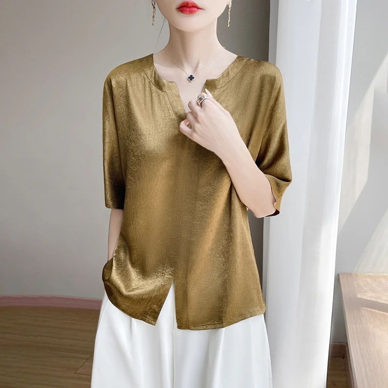 夏季新款肌理感女桑蚕丝缎面V领T恤半袖开叉简约气质大码真丝上衣