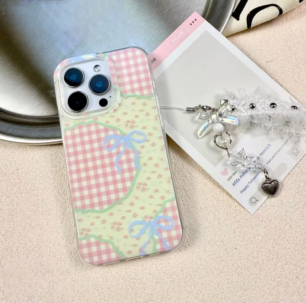 格纹蝴蝶结适用苹果13/15/16promax女壳VIVO华为OPPO小米15手机壳