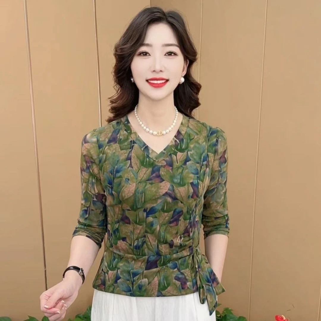 早秋新款时尚V领系带收腰设计洋气妈妈装气质百搭女士打底衫K1630