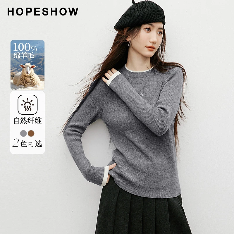 红袖2025冬季女装 100羊毛假两件撞色刺绣正肩针织衫90125330101