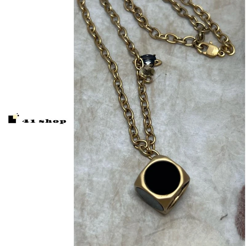 铜合金项链 A420 方吊坠中古款土土星球古金色vintag项链