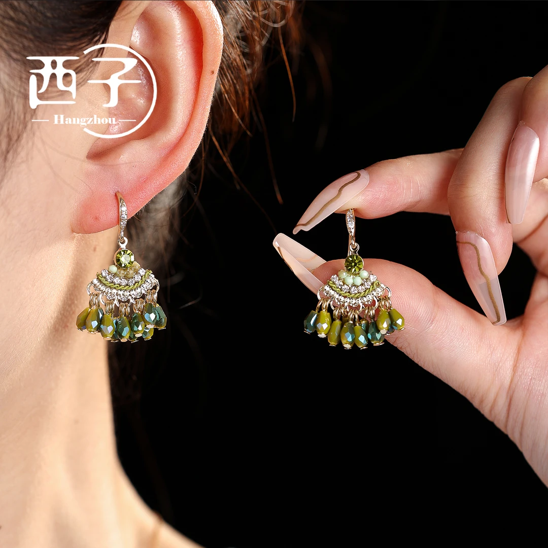 西子饰品镀18K金【绿水手工流苏耳钩N】高级感2025爆款手工款耳环女