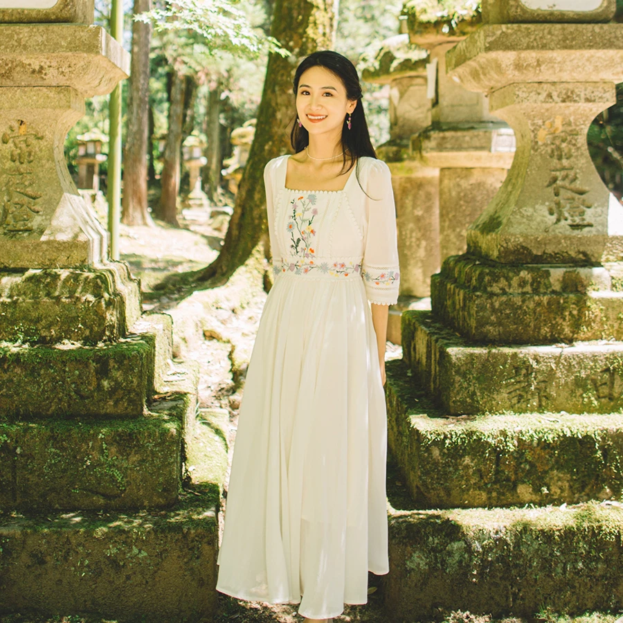 撒哈拉原创【陌上花开】刺绣大摆仙女长裙连衣裙