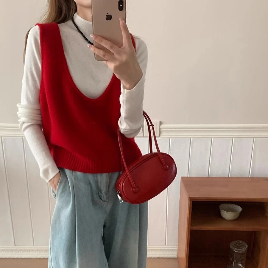 时髦红色无袖针织马甲背心女秋冬网红款上衣叠穿内搭外搭坎肩毛衣