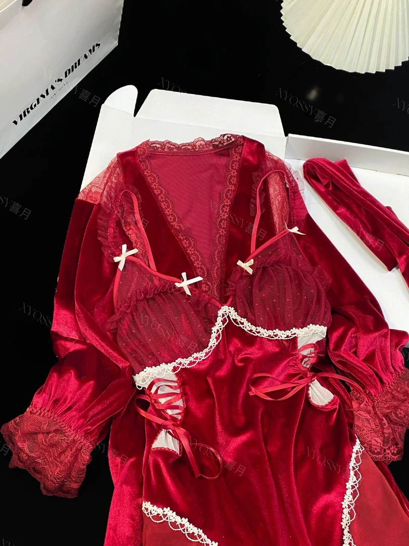 洛神秋冬纯欲高级感丝绒性感网纱蕾丝吊带外袍睡衣气质套装家居服