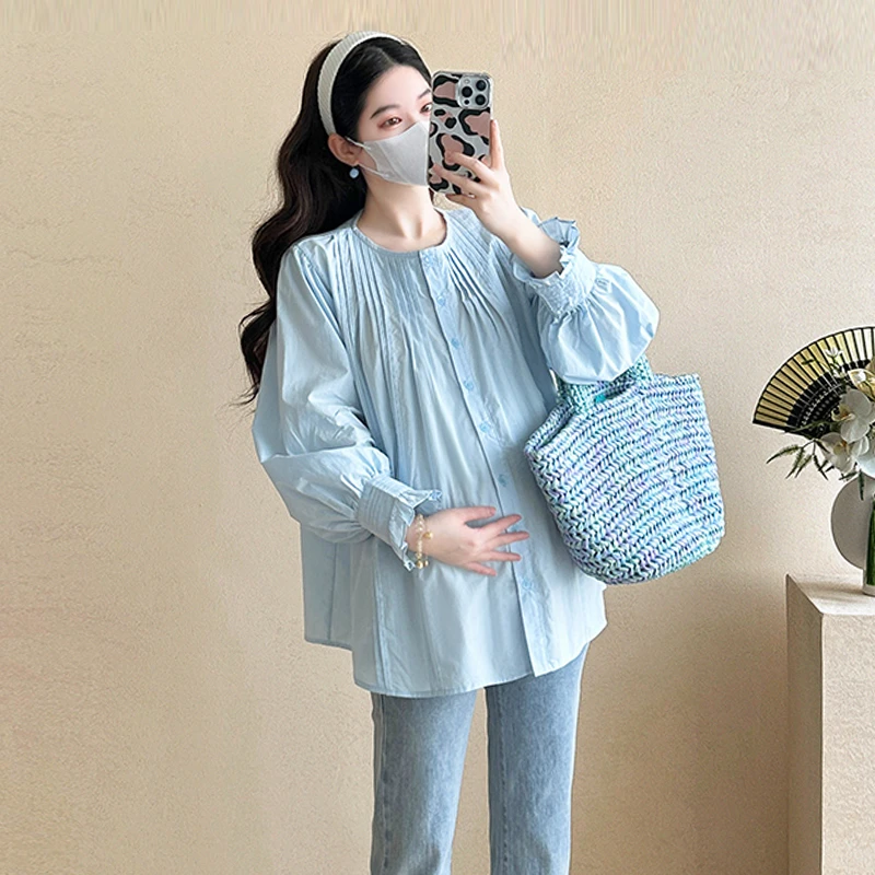 【伊伊】孕妇装2025春装新款上衣时尚休闲气质圆领泡泡袖长袖衬衫