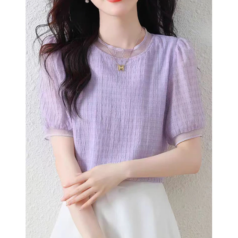 温柔风紫色圆领雪纺短袖T恤女2025年夏季新款高级感时尚百搭上衣