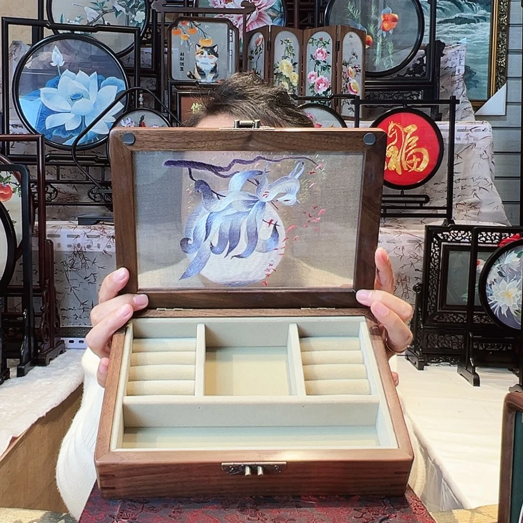 织绣苏绣首饰盒胡桃木