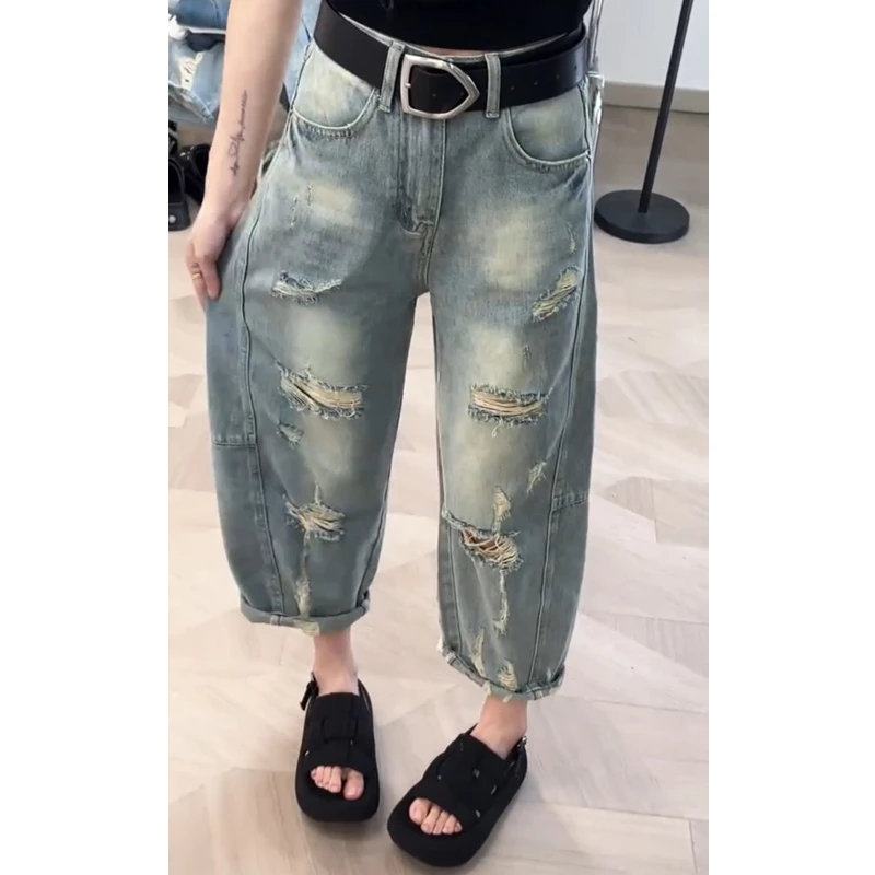 牛仔裤女2025年夏季新款裤子显瘦高腰小个子九分裤时尚破洞直筒裤