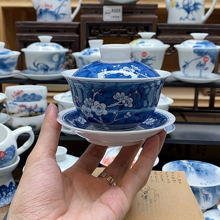 手绘冰梅盖碗150cc三才釉下彩微瑕福利款