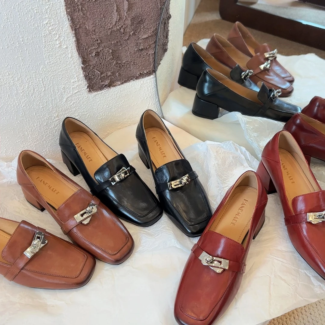 【王二今】牛皮/4CM/中粗跟方头日常通勤时装一脚蹬乐福鞋小皮单鞋