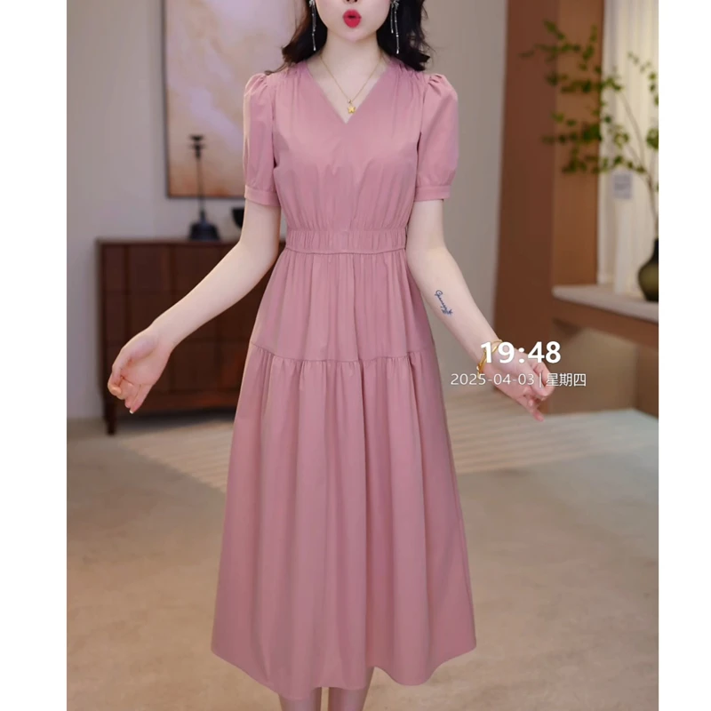 连衣裙女2025夏季新款今年流行爆款通勤气质收腰高级感短袖礼服裙