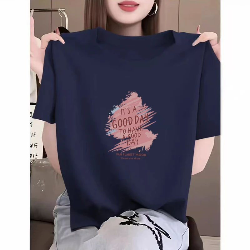 藏蓝色短袖T恤女2025年新款夏季小众设计感半袖宽松正肩洋气上衣