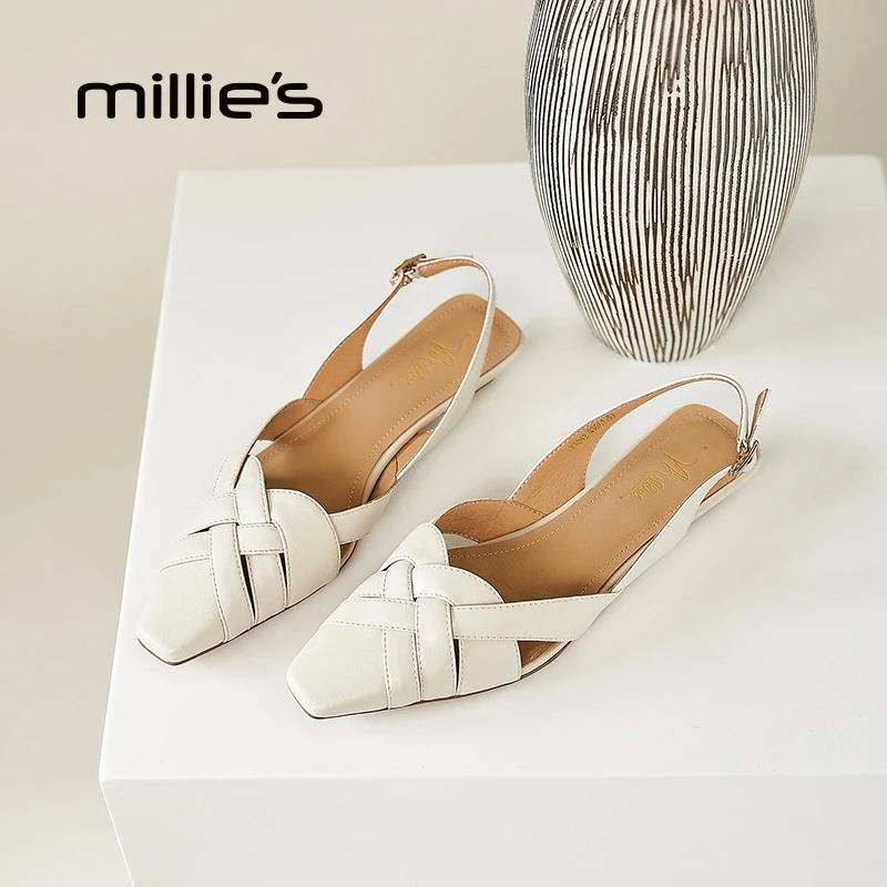 MILLIE'S/妙丽一字带羊皮凉鞋女2025夏新款平底法式包头单鞋外穿