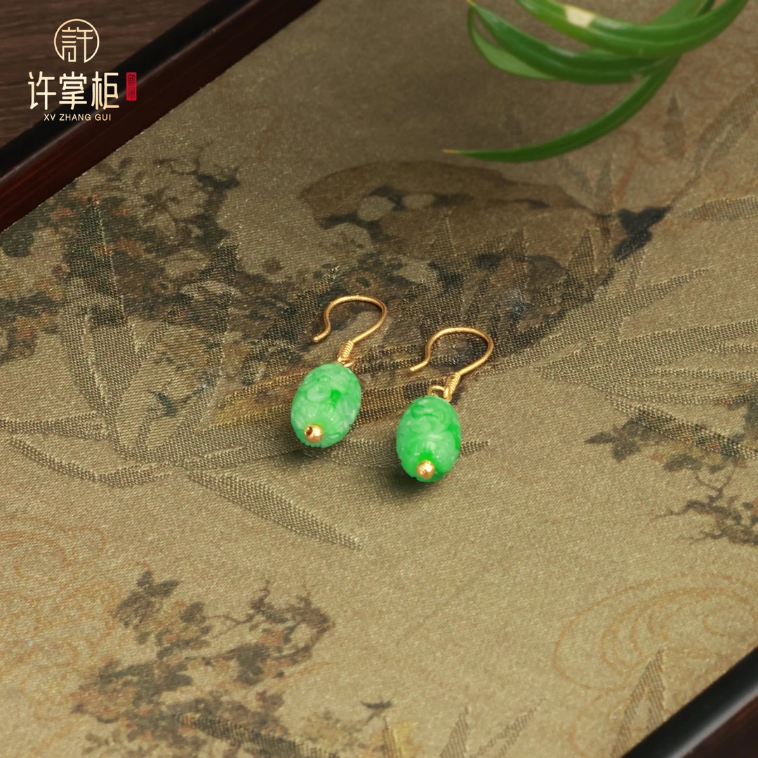 YGY｜翠澜 18K金翡翠耳环雕刻桶珠耳坠配饰天然翡翠A货原创优雅