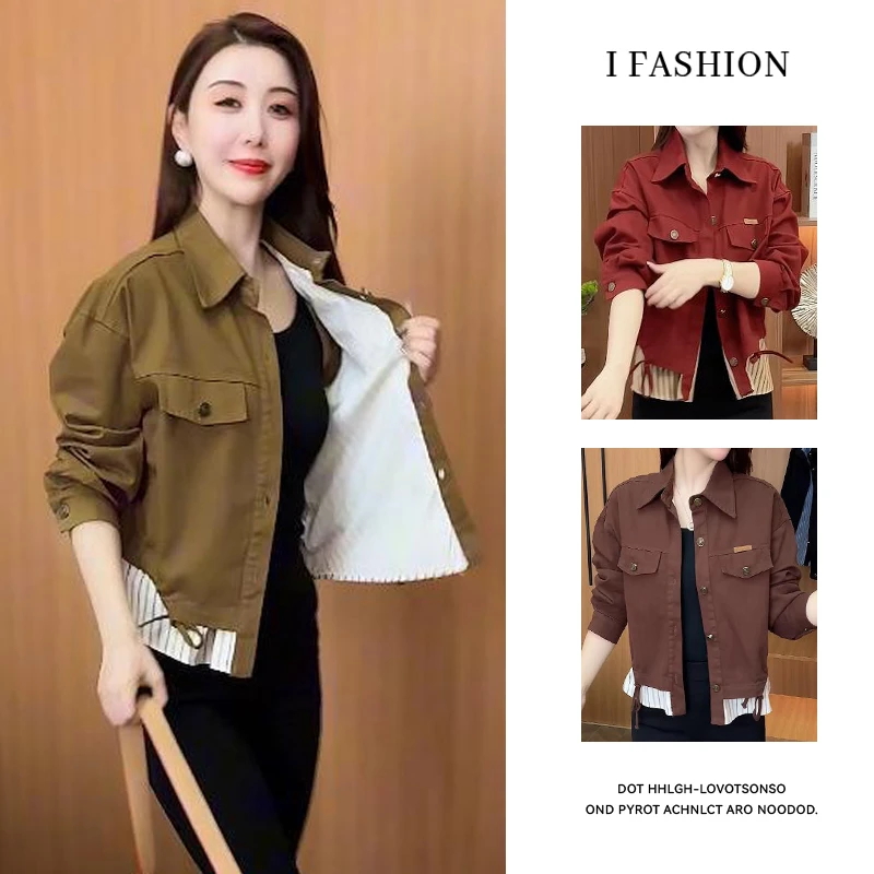 高含棉时尚设计感假两件短外套女2025年春秋新款宽松显瘦百搭上衣