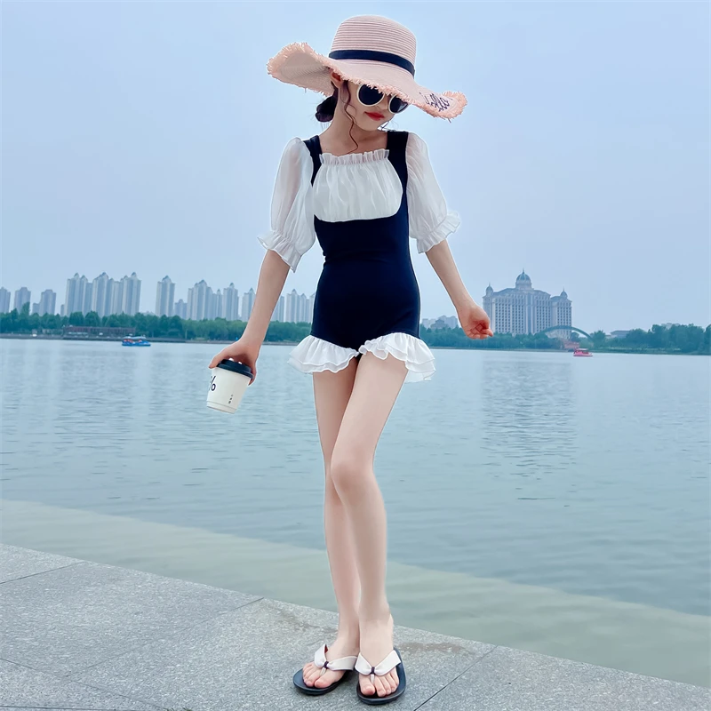 女 童夏季连体泳衣2024新款韩范中大童撞色游泳衣甜美公主风泳装